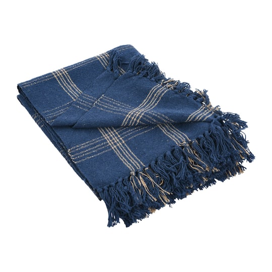 Blue Plaid Cotton Throw Blanket with Fringe
